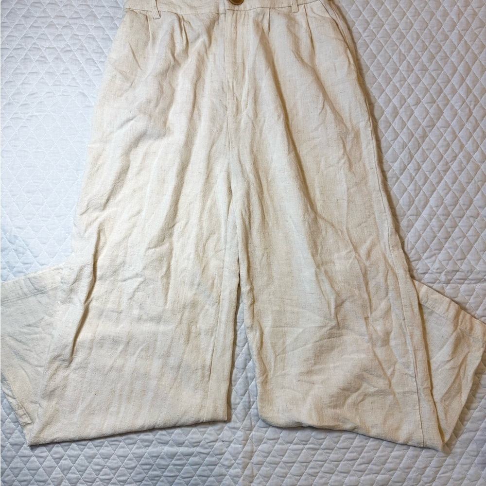 Linen Blend Off White Wide Leg Pants
